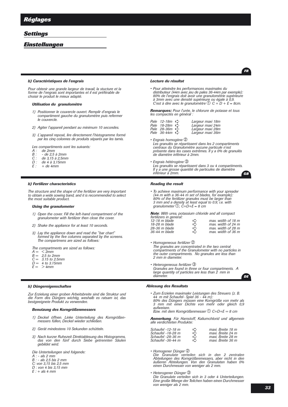 Réglages settings einstellungen | Sulky DPX User Manual | Page 34 / 76