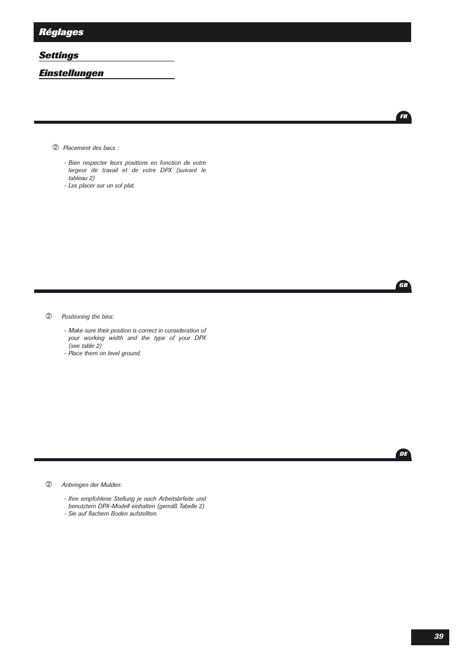 Réglages settings einstellungen | Sulky DPX User Manual | Page 40 / 76