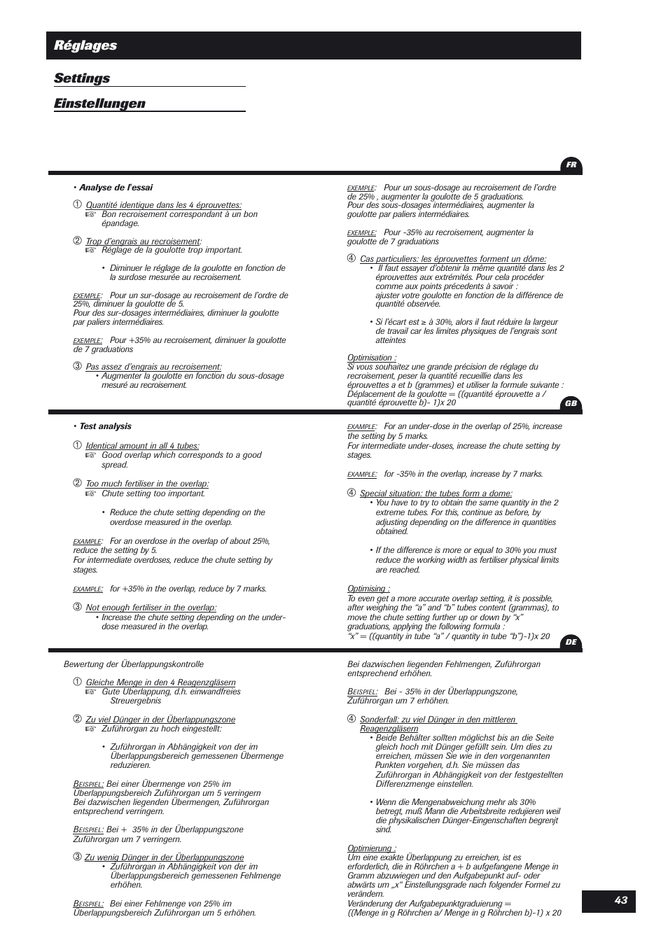 Réglages settings einstellungen | Sulky DPX User Manual | Page 44 / 76