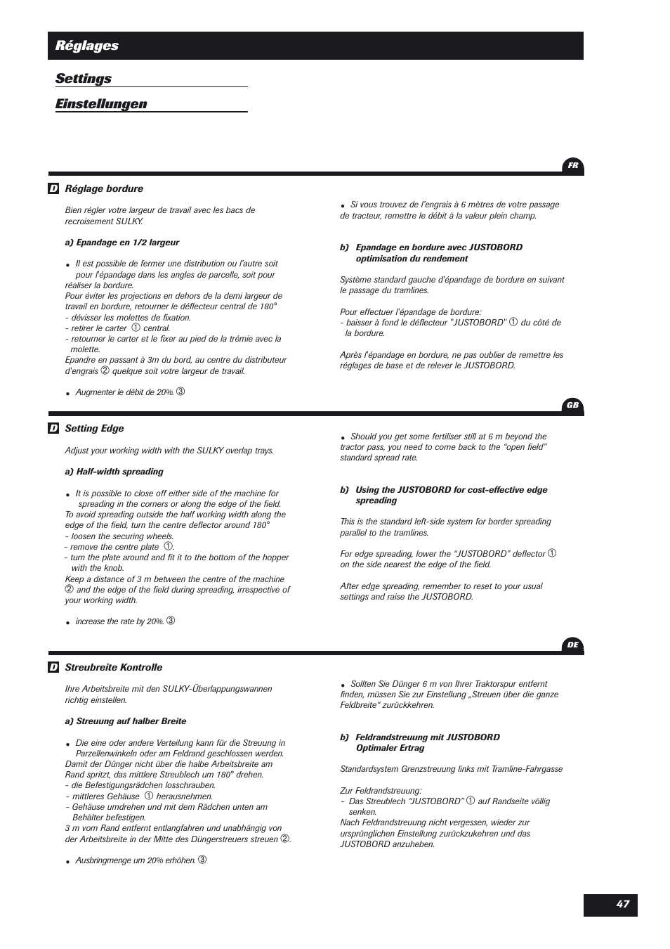 Réglages settings einstellungen | Sulky DPX User Manual | Page 48 / 76