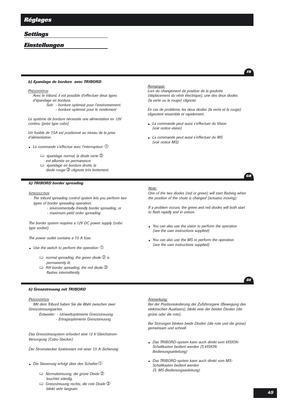 Réglages settings einstellungen | Sulky DPX User Manual | Page 50 / 76