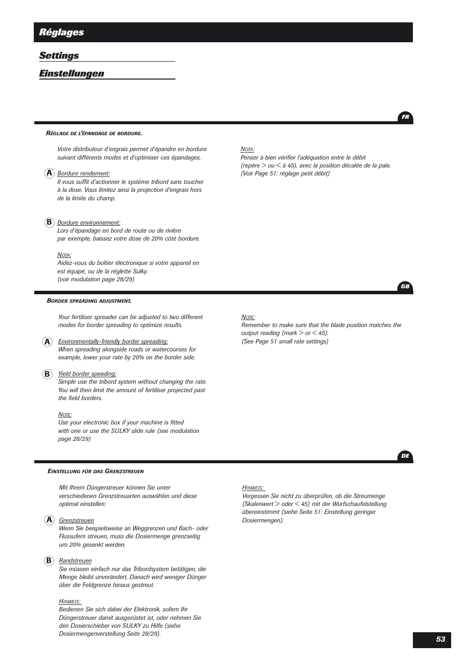 Réglages settings einstellungen, Ab b a | Sulky DPX User Manual | Page 54 / 76