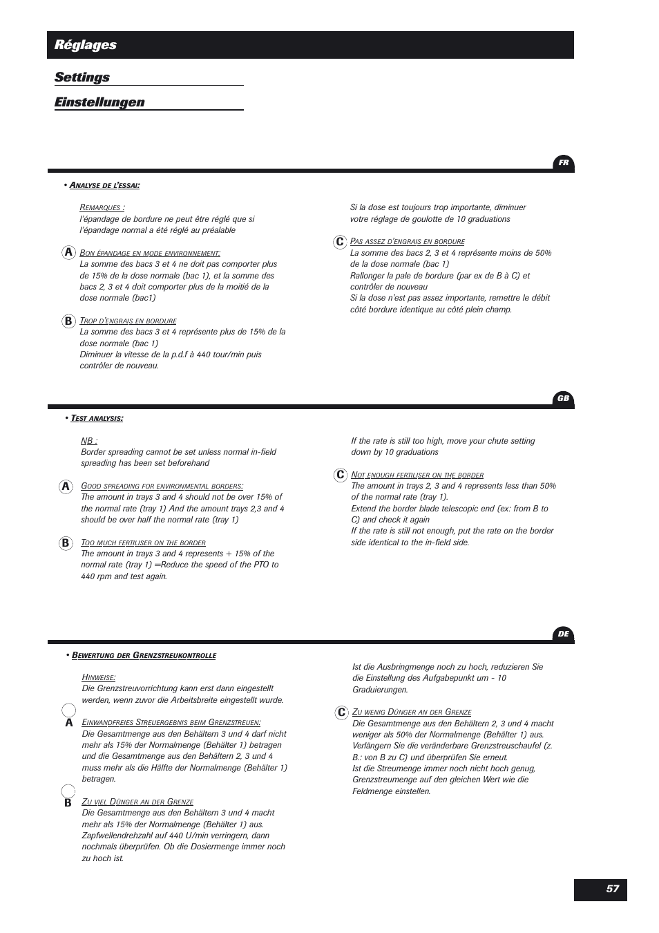 Réglages settings einstellungen | Sulky DPX User Manual | Page 58 / 76