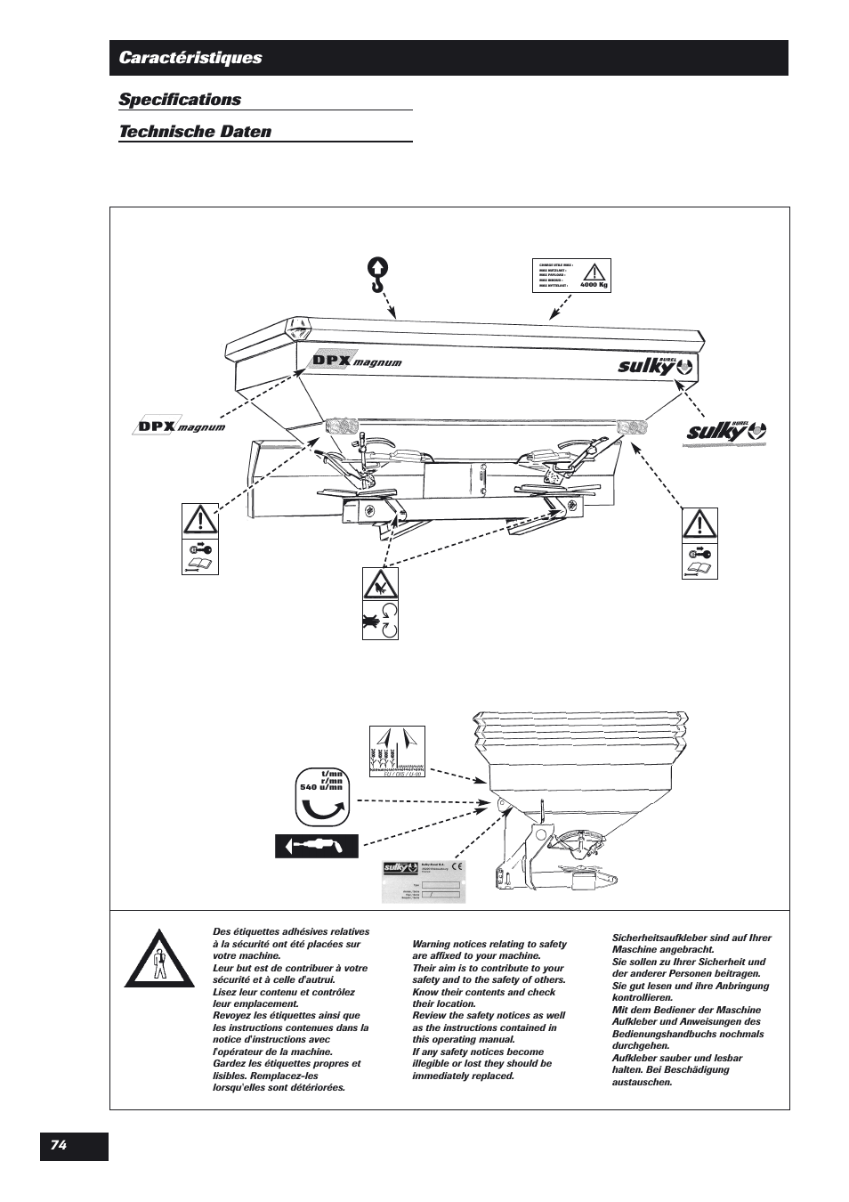 Caractéristiques specifications technische daten | Sulky DPX User Manual | Page 75 / 76