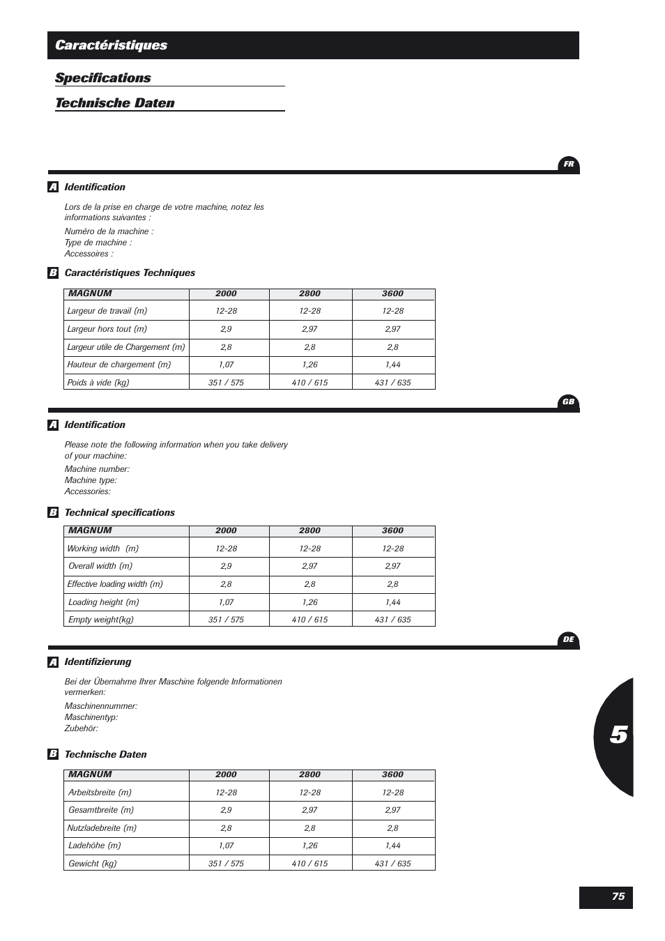 Caractéristiques specifications technische daten | Sulky DPX User Manual | Page 76 / 76