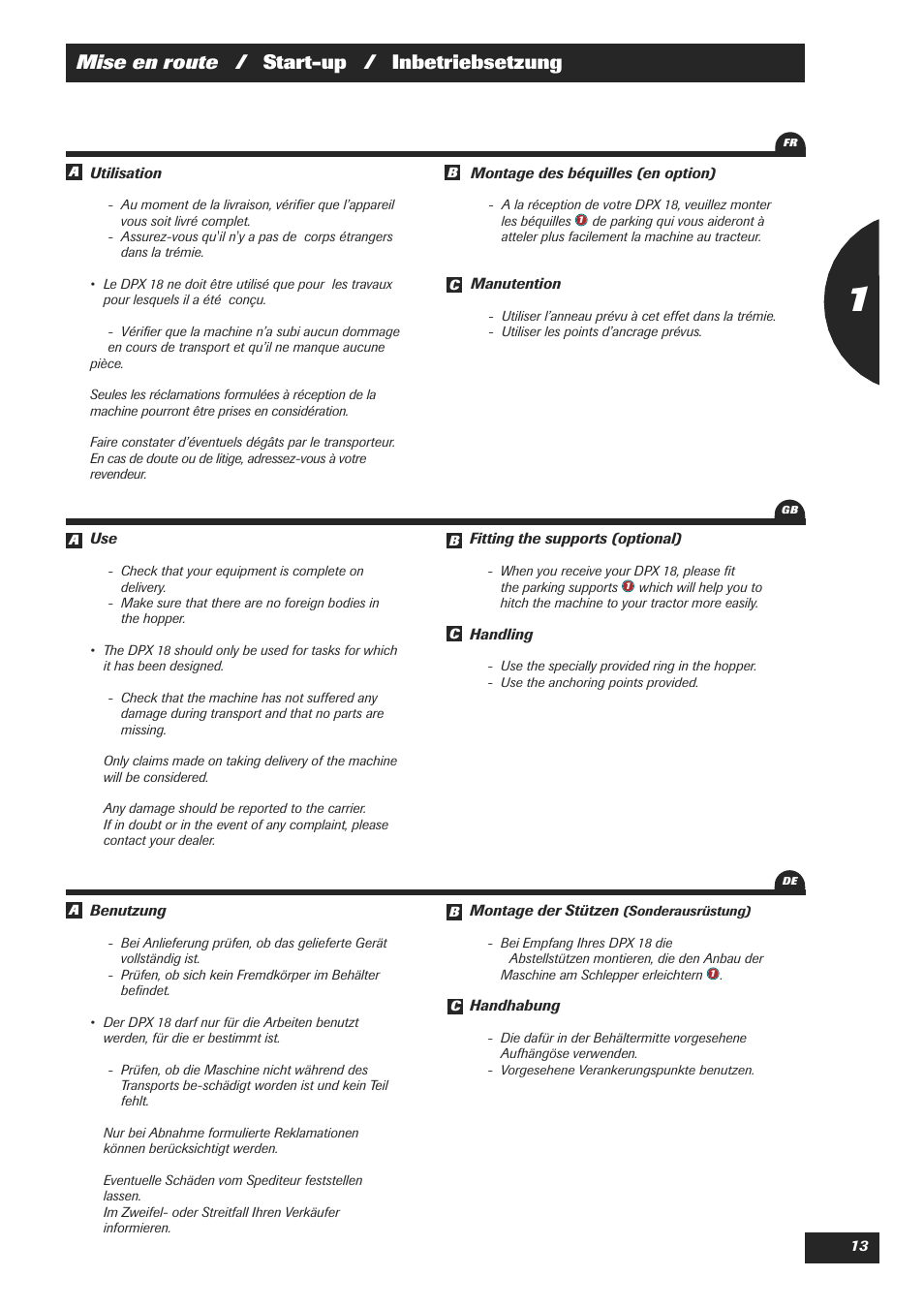 Mise en route / start-up / inbetriebsetzung | Sulky DPX 18 User Manual | Page 15 / 91