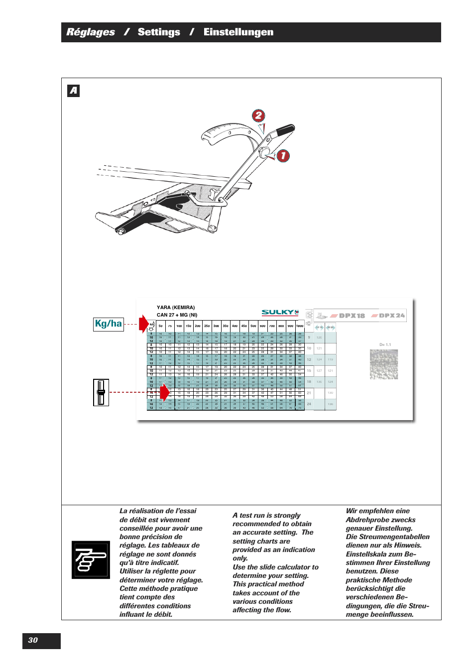 Réglages / settings / einstellungen, Kg/ha, Yara (k can 27 | Emira) + mg (ni) | Sulky DPX 18 User Manual | Page 32 / 91