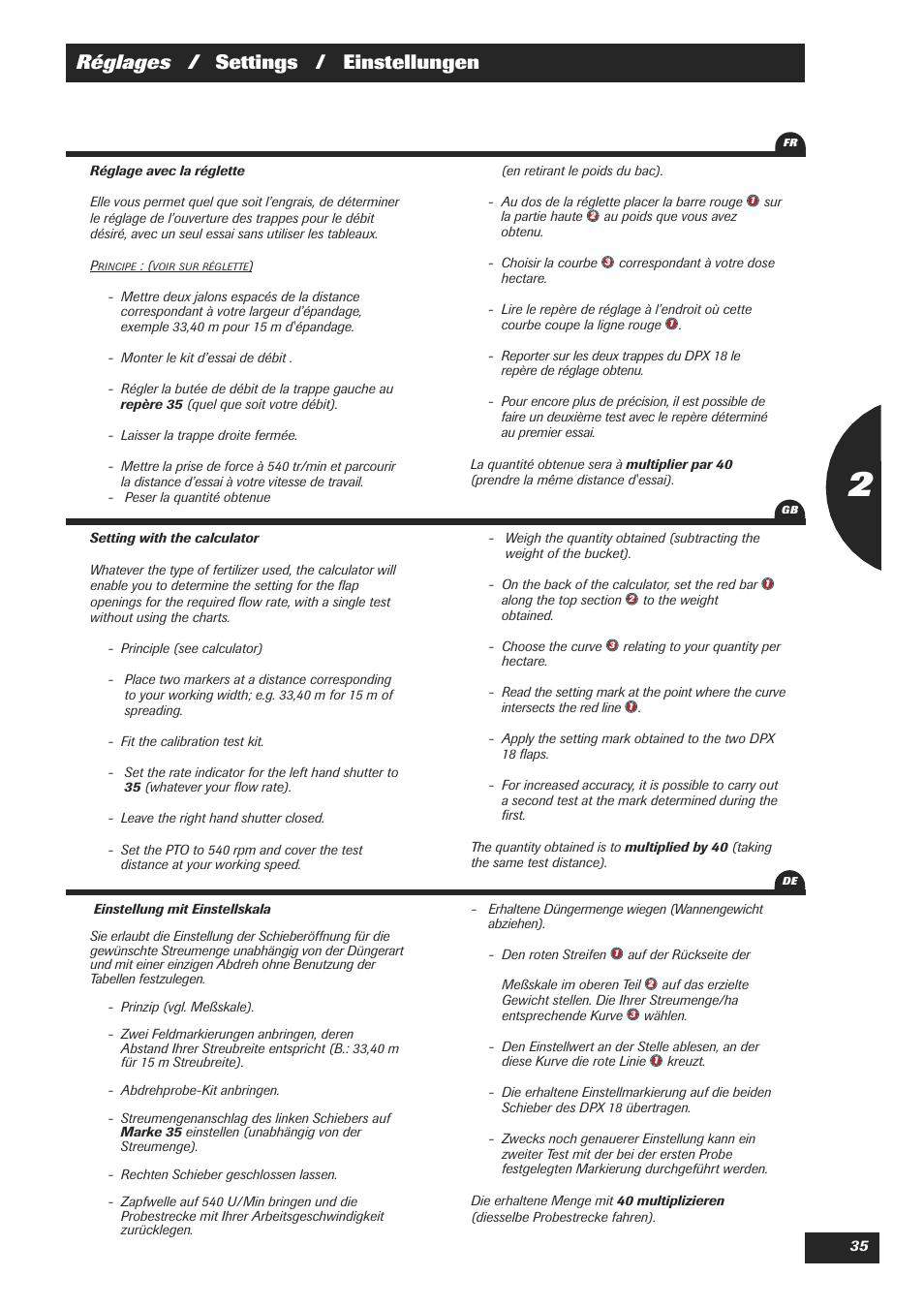 Réglages / settings / einstellungen | Sulky DPX 18 User Manual | Page 37 / 91