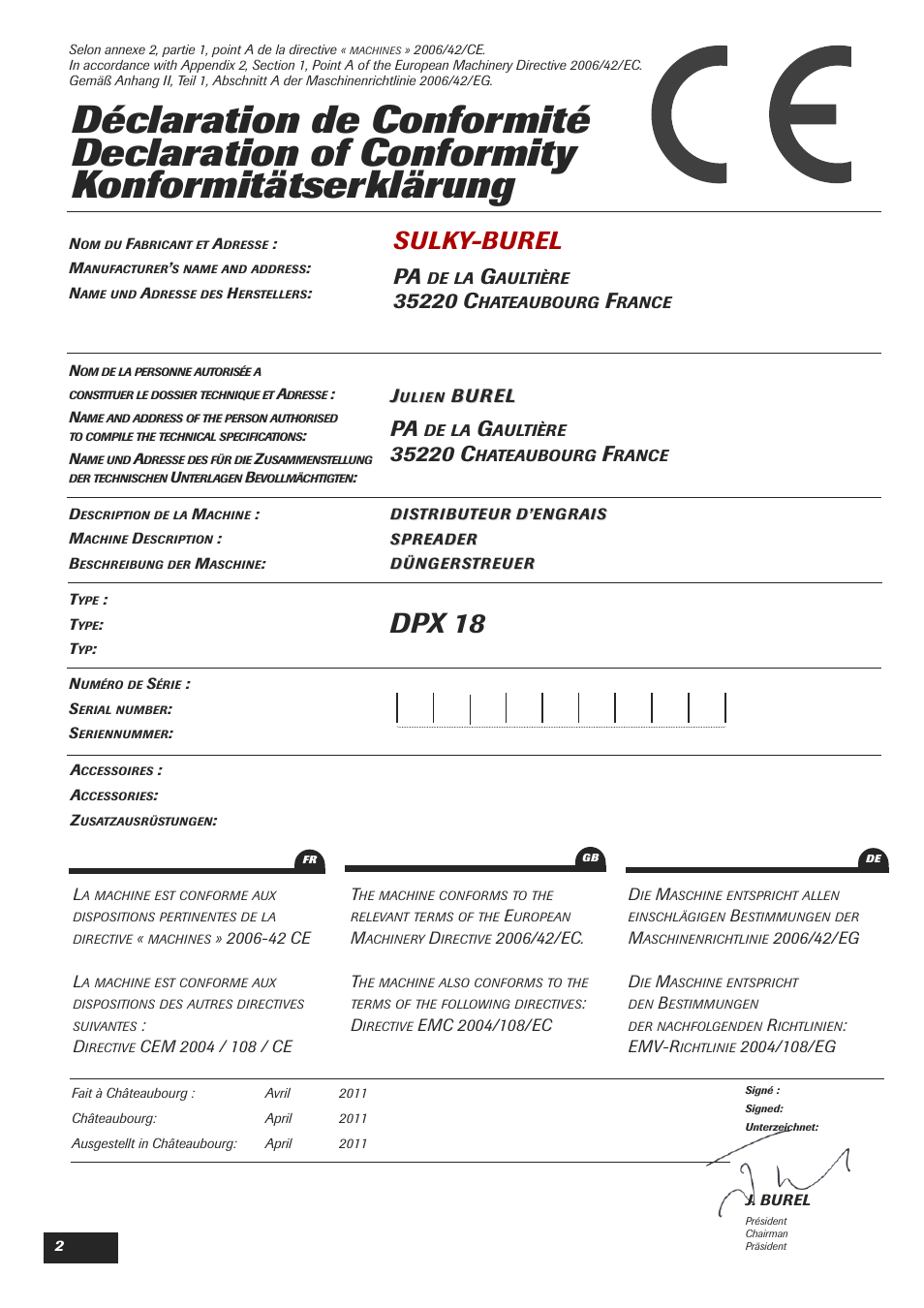 Dpx 18, Sulky-burel, Bur el | Sulky DPX 18 User Manual | Page 4 / 91