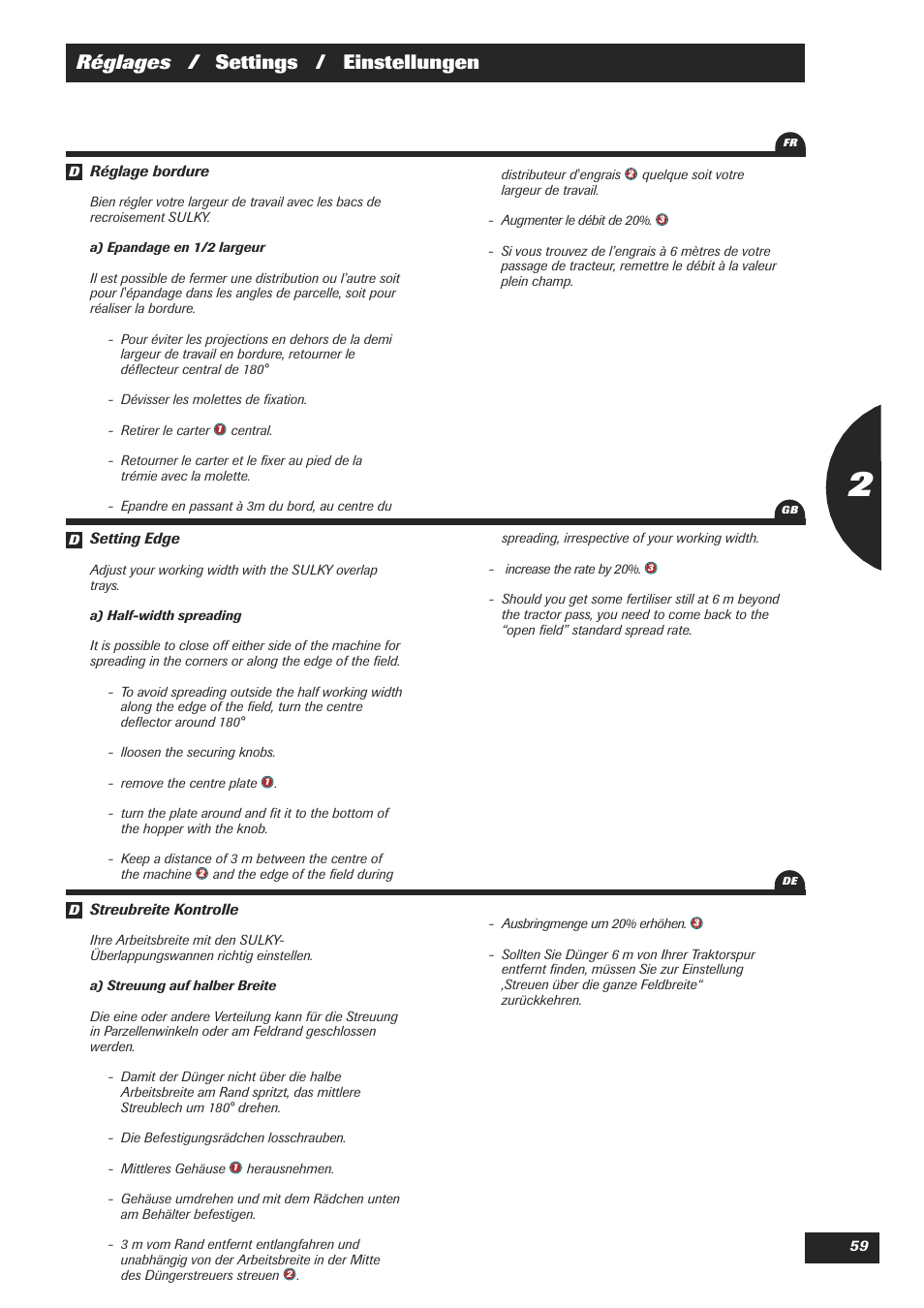 Réglages / settings / einstellungen | Sulky DPX 18 User Manual | Page 61 / 91