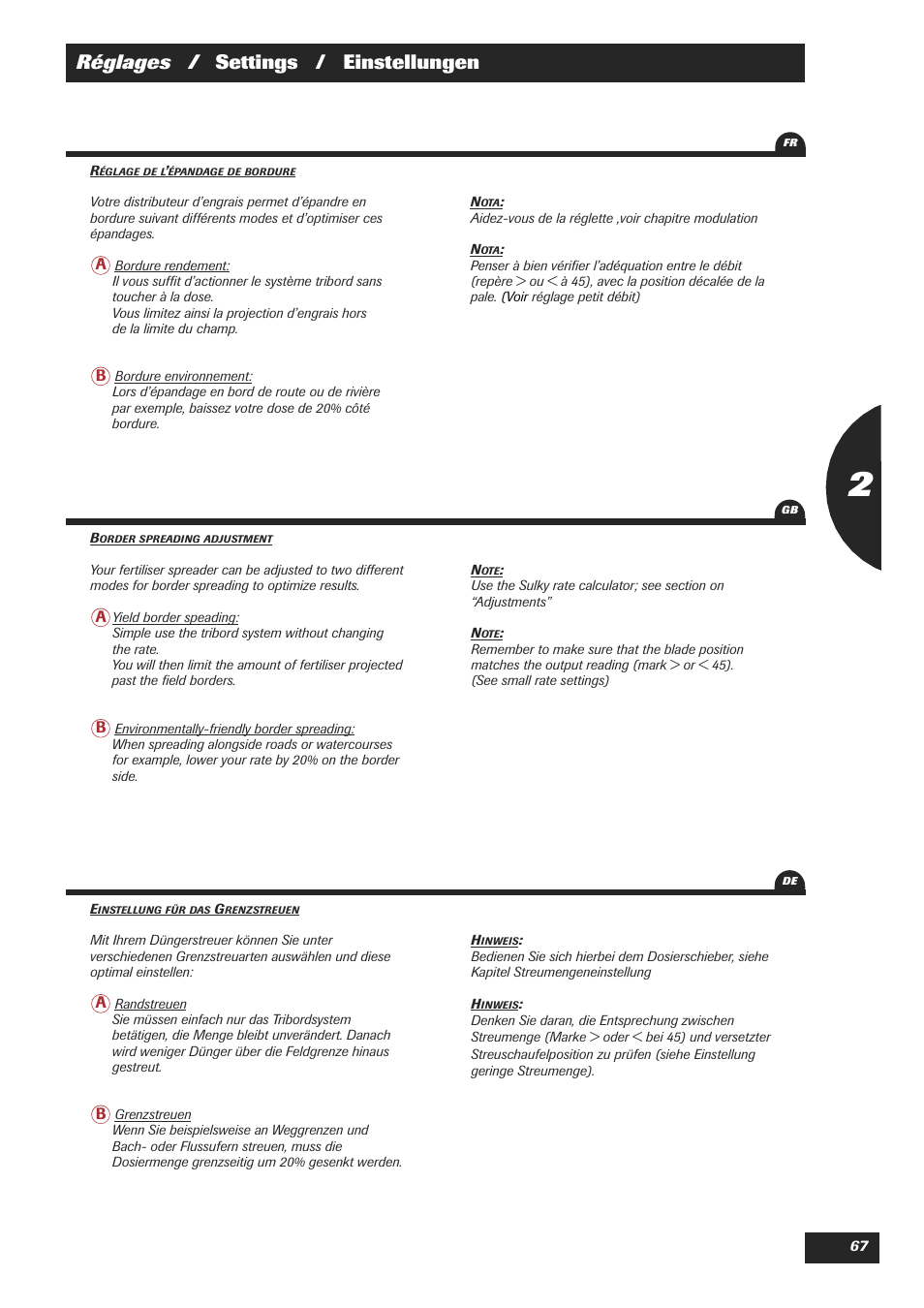 Réglages / settings / einstellungen | Sulky DPX 18 User Manual | Page 69 / 91