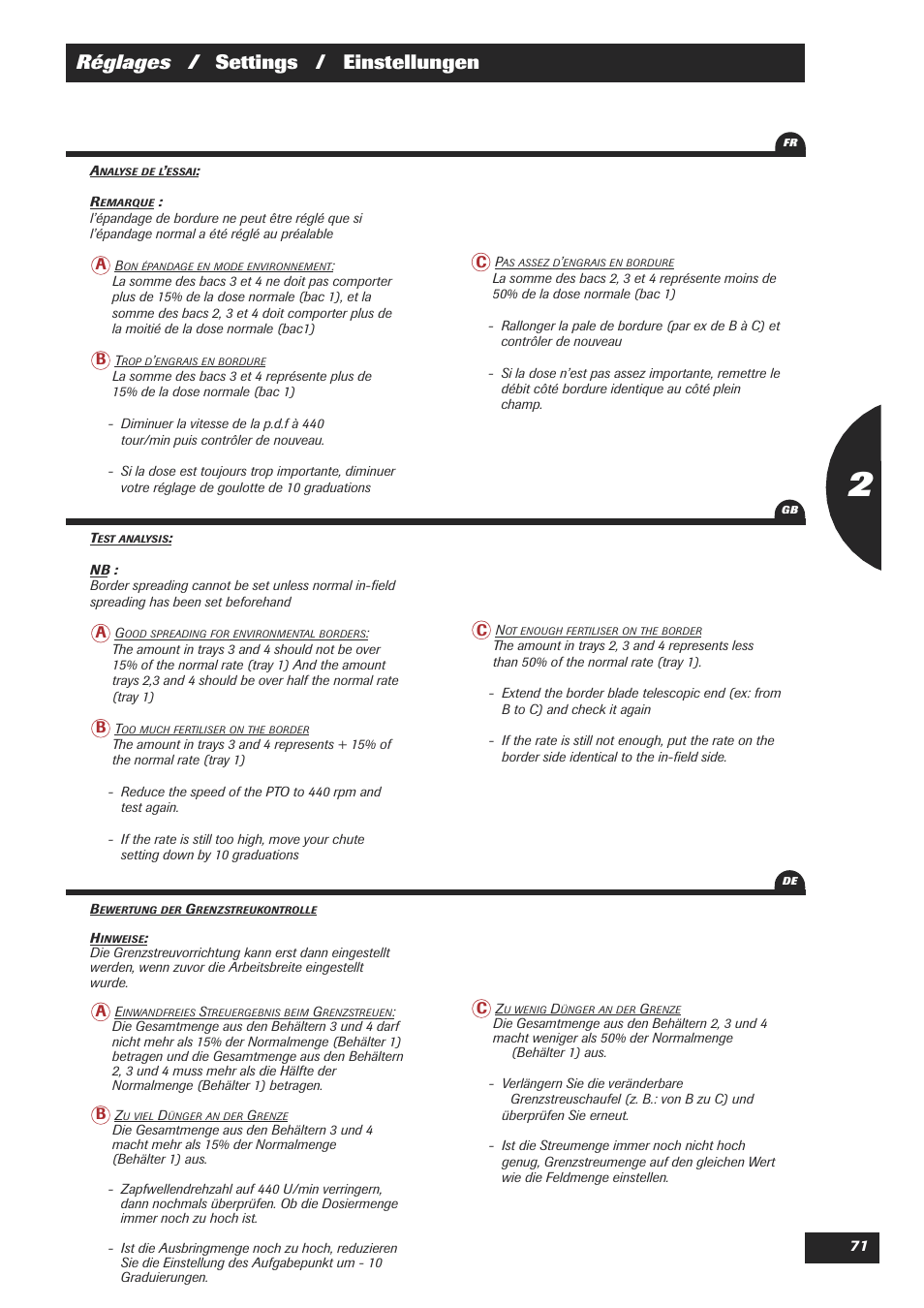 Réglages / settings / einstellungen | Sulky DPX 18 User Manual | Page 73 / 91