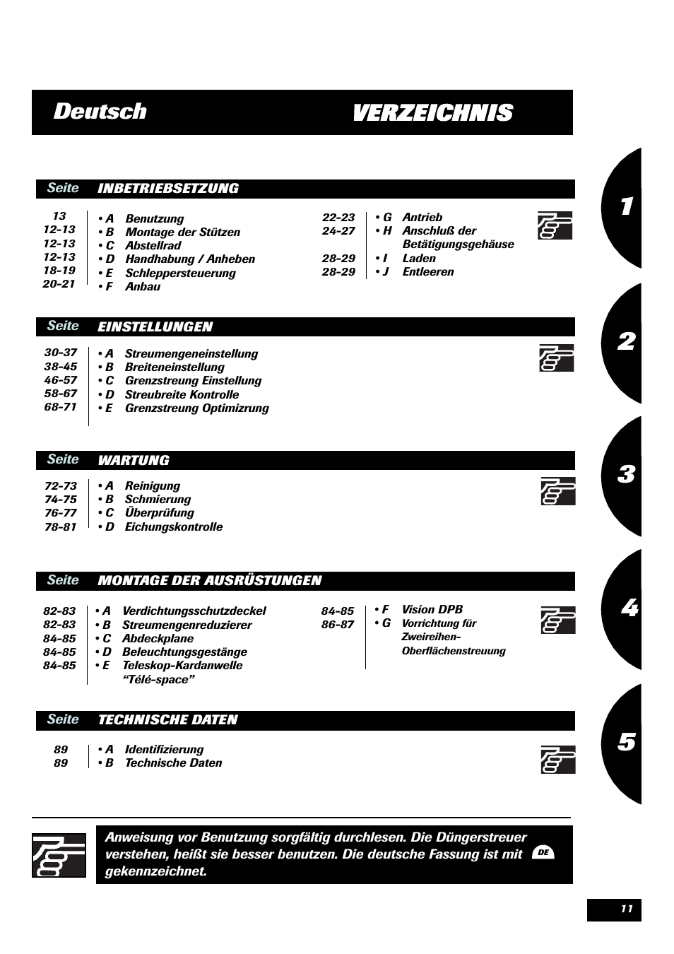 Deutsch, Verzeichnis | Sulky DPX 24 User Manual | Page 13 / 91