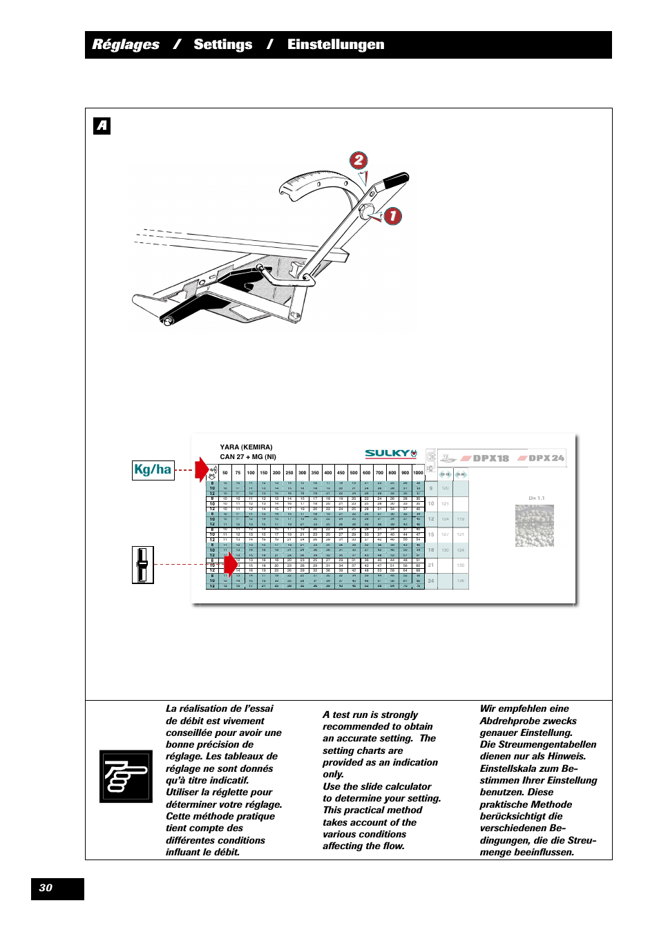 Réglages / settings / einstellungen, Kg/ha, Yara (k can 27 | Emira) + mg (ni) | Sulky DPX 24 User Manual | Page 32 / 91