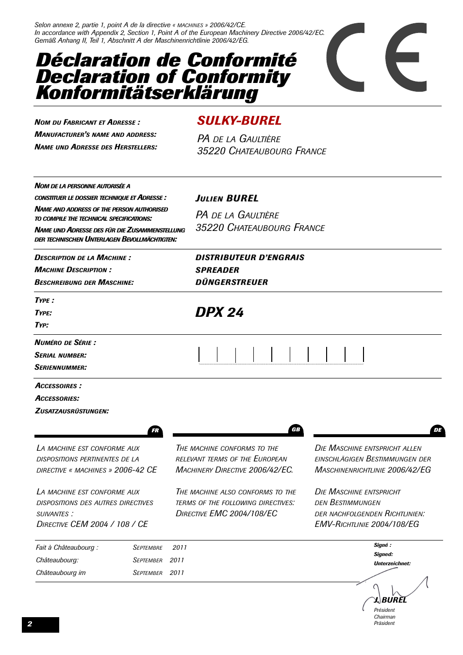 Dpx 24, Sulky-burel, Bur el | Sulky DPX 24 User Manual | Page 4 / 91