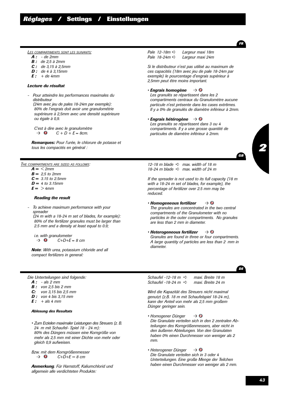 Réglages / settings / einstellungen | Sulky DPX 24 User Manual | Page 45 / 91