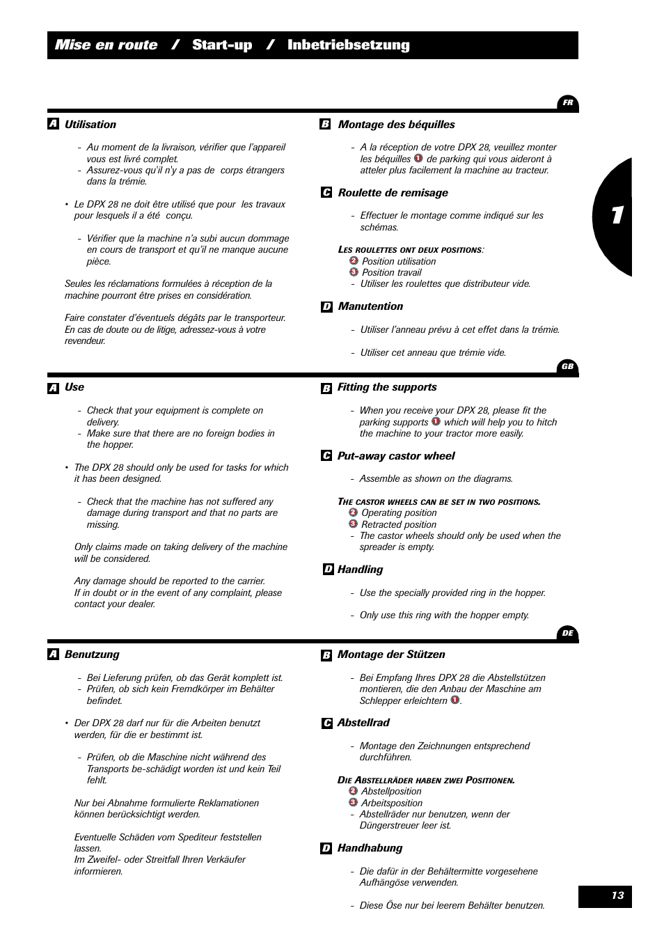 Mise en route / start-up / inbetriebsetzung | Sulky DPX 28 User Manual | Page 15 / 91