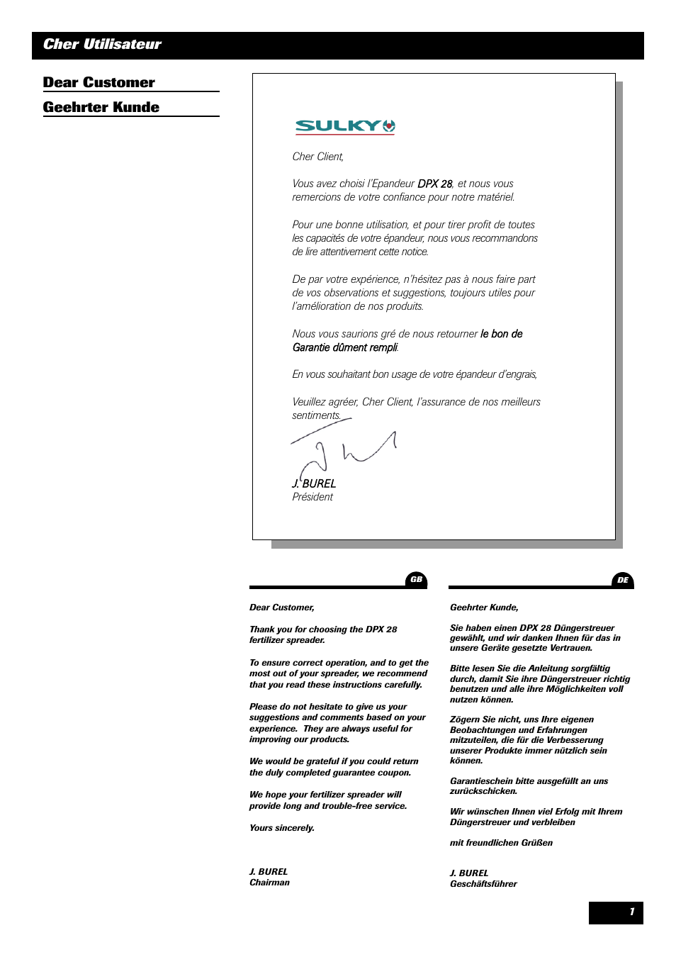 Cher utilisateur, Dear customer geehrter kunde | Sulky DPX 28 User Manual | Page 3 / 91