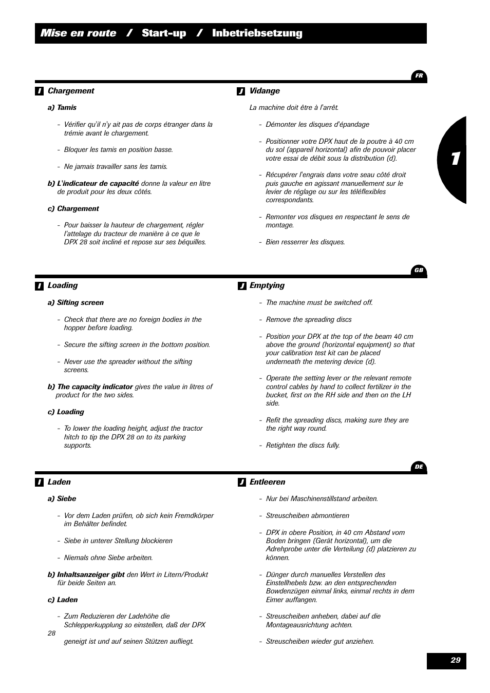 Mise en route / start-up / inbetriebsetzung | Sulky DPX 28 User Manual | Page 31 / 91