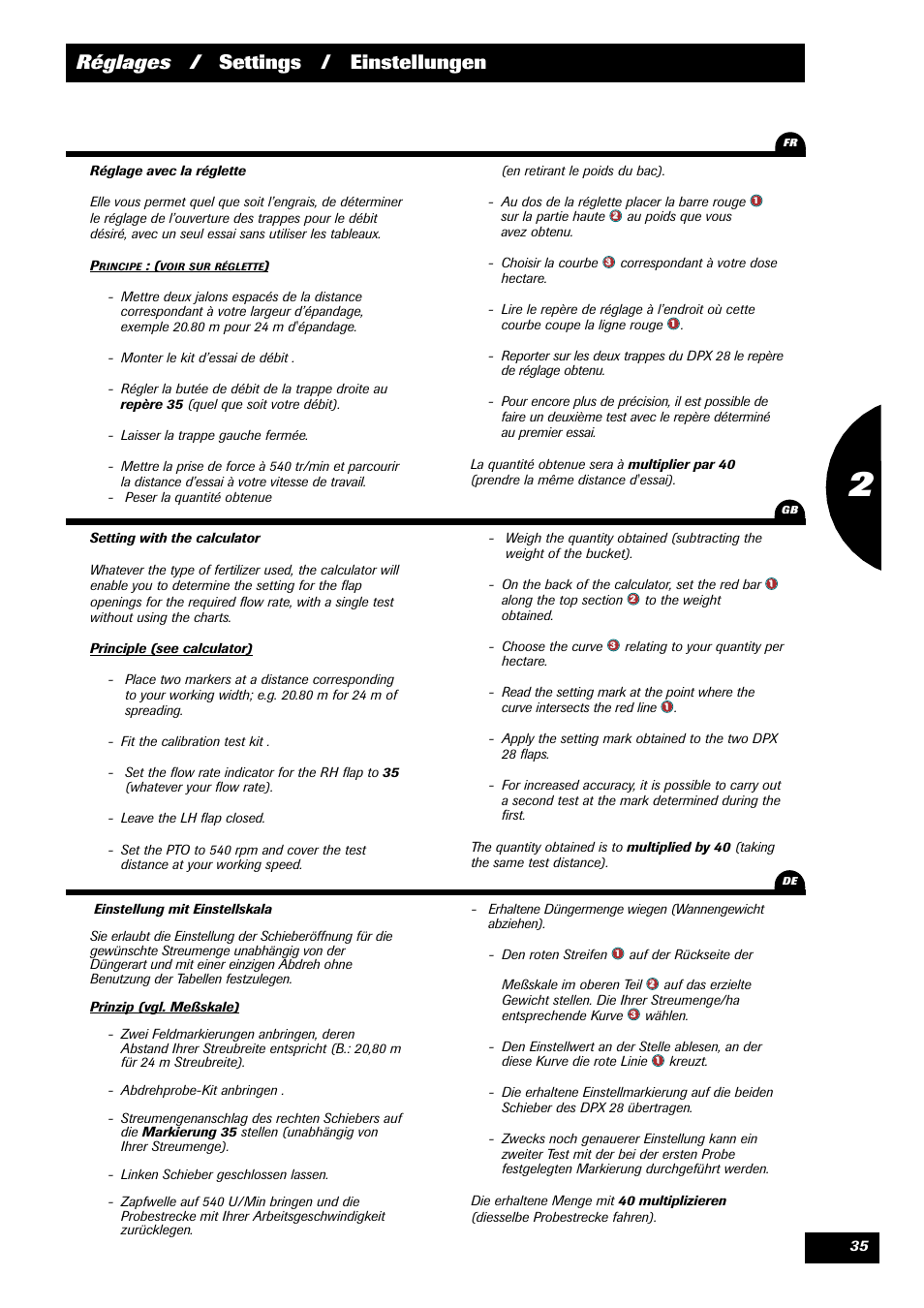Réglages / settings / einstellungen | Sulky DPX 28 User Manual | Page 37 / 91
