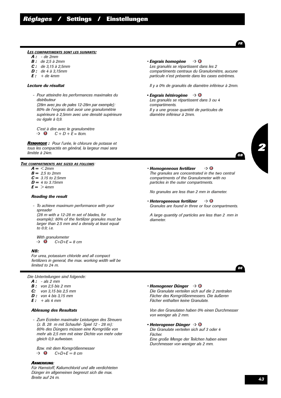 Réglages / settings / einstellungen | Sulky DPX 28 User Manual | Page 45 / 91