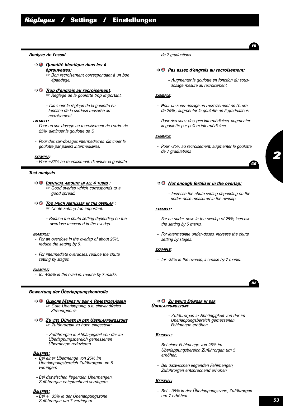 Réglages / settings / einstellungen | Sulky DPX 28 User Manual | Page 55 / 91