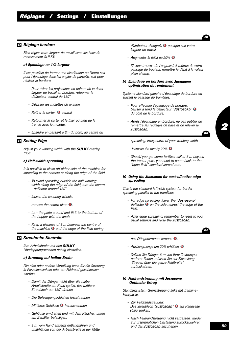 Réglages / settings / einstellungen | Sulky DPX 28 User Manual | Page 61 / 91