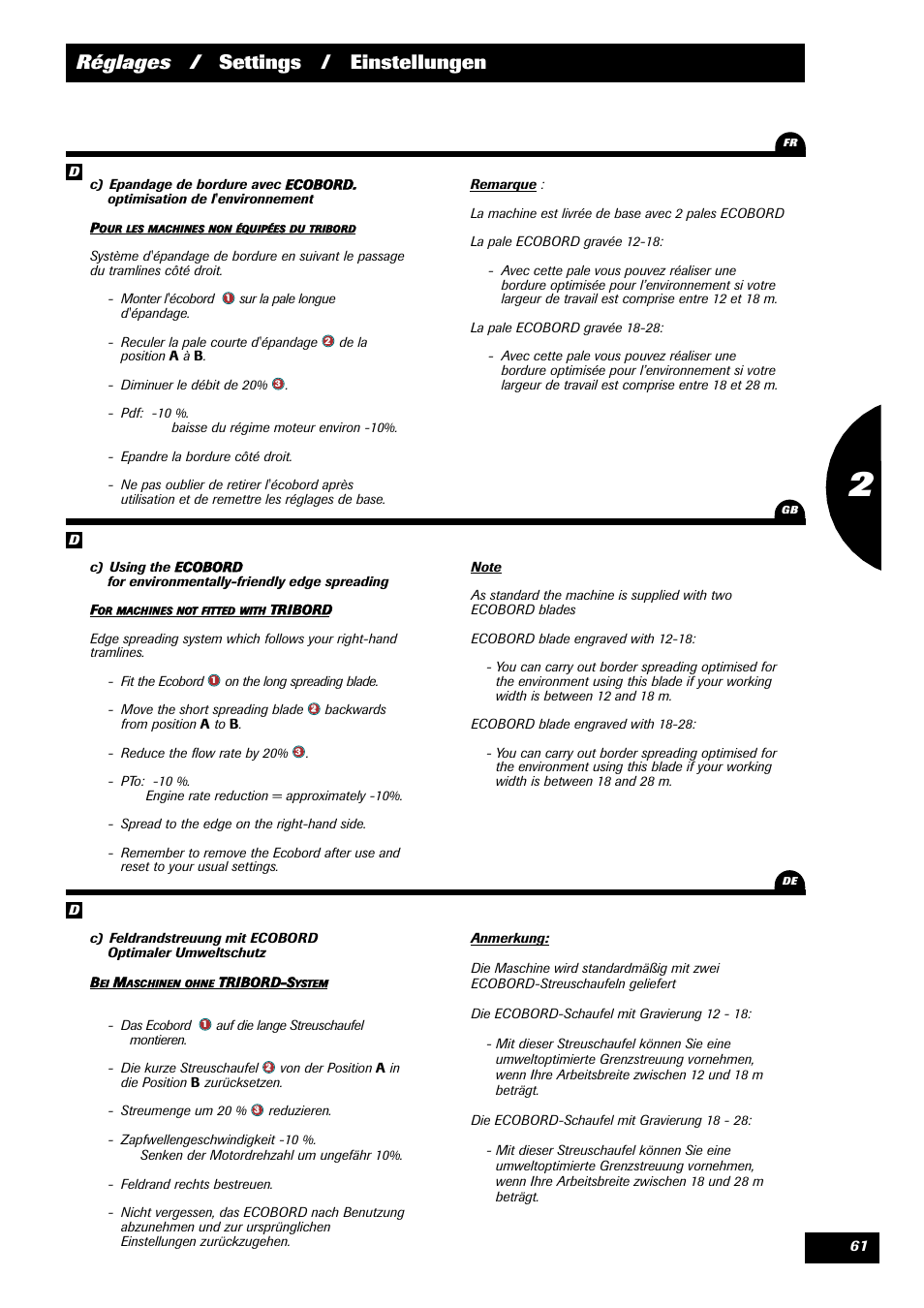 Réglages / settings / einstellungen | Sulky DPX 28 User Manual | Page 63 / 91