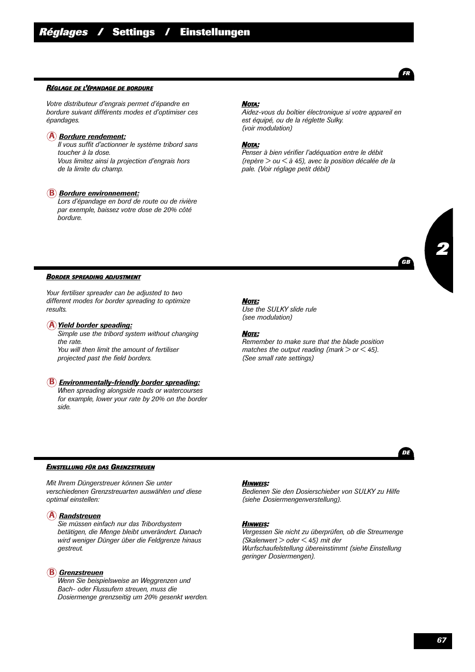 Réglages / settings / einstellungen | Sulky DPX 28 User Manual | Page 69 / 91