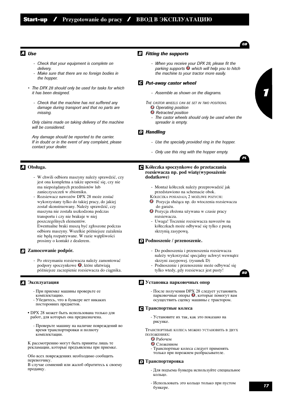 Start-up, Przygotowanie do pracy, Ввод в эксплуатацию 1 | Sulky DPX 28 User Manual | Page 19 / 95