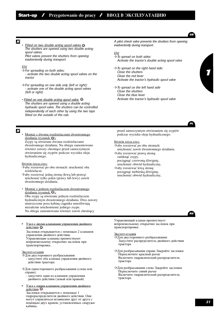 Start-up, Przygotowanie do pracy, Ввод в эксплуатацию | Sulky DPX 28 User Manual | Page 33 / 95