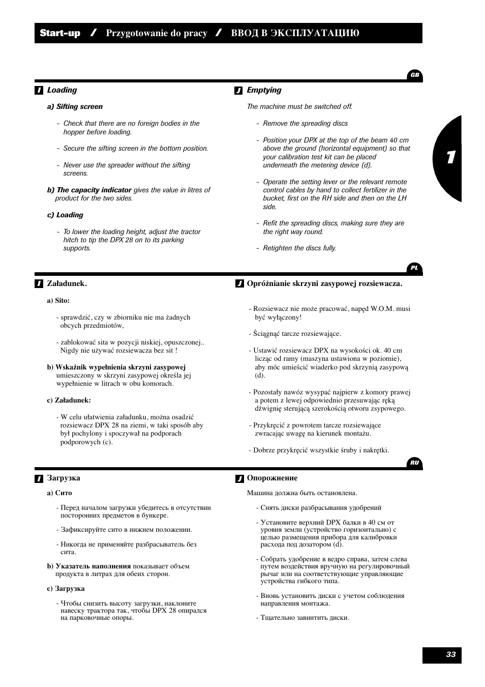 Start-up, Przygotowanie do pracy, Ввод в эксплуатацию | Sulky DPX 28 User Manual | Page 35 / 95