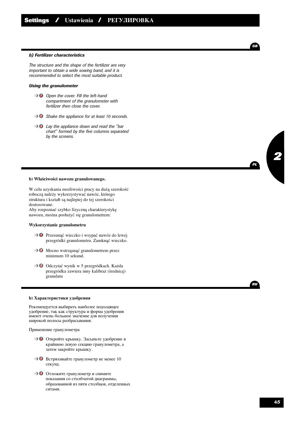 Settings, Ustawienia, Регулировка | Sulky DPX 28 User Manual | Page 47 / 95