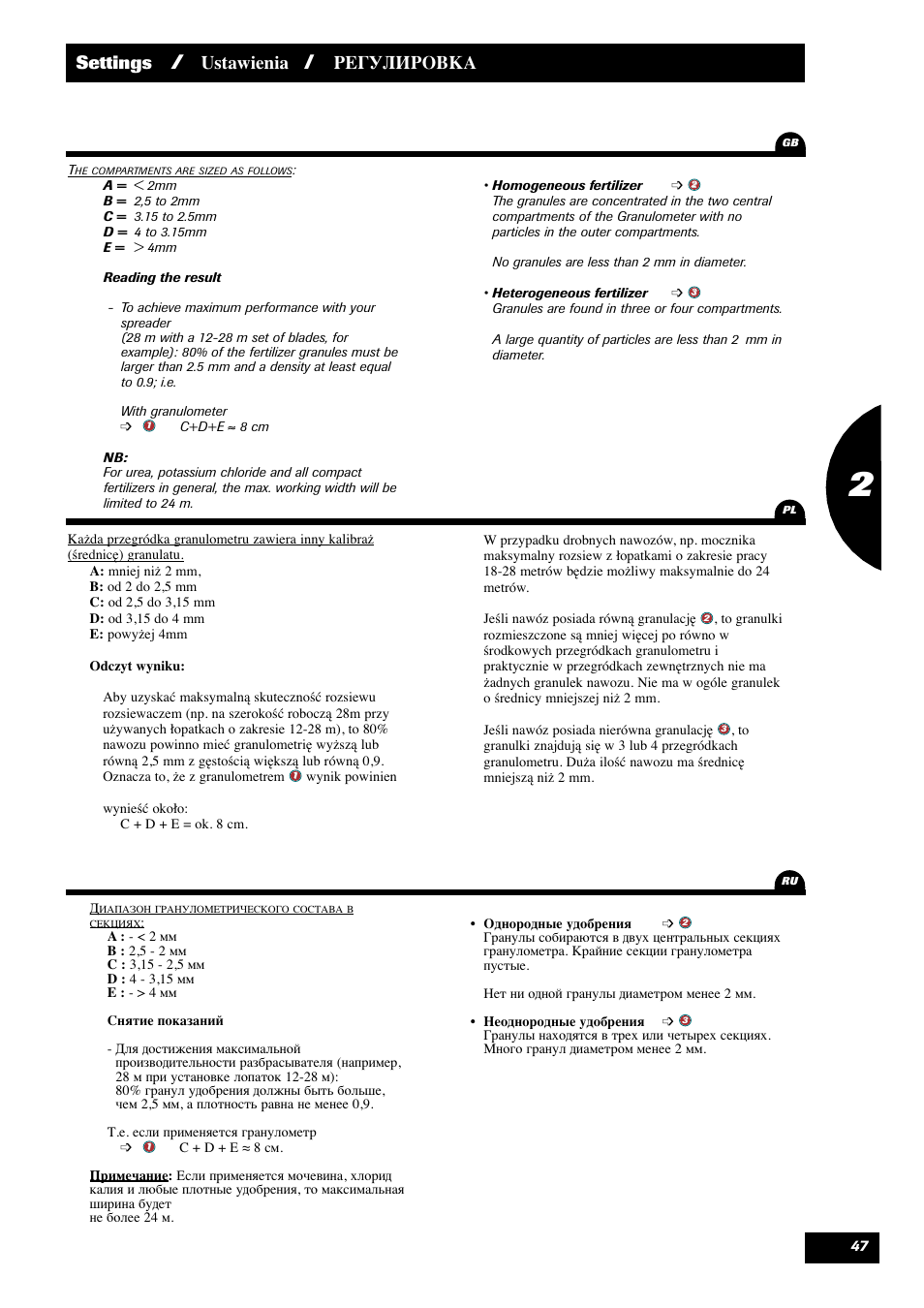 Settings, Ustawienia, Регулировка | Sulky DPX 28 User Manual | Page 49 / 95