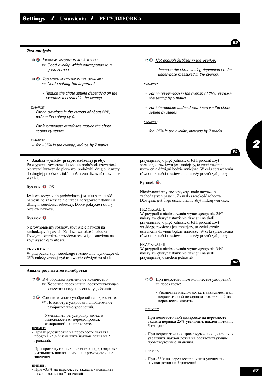 Settings, Ustawienia, Регулировка | Sulky DPX 28 User Manual | Page 59 / 95
