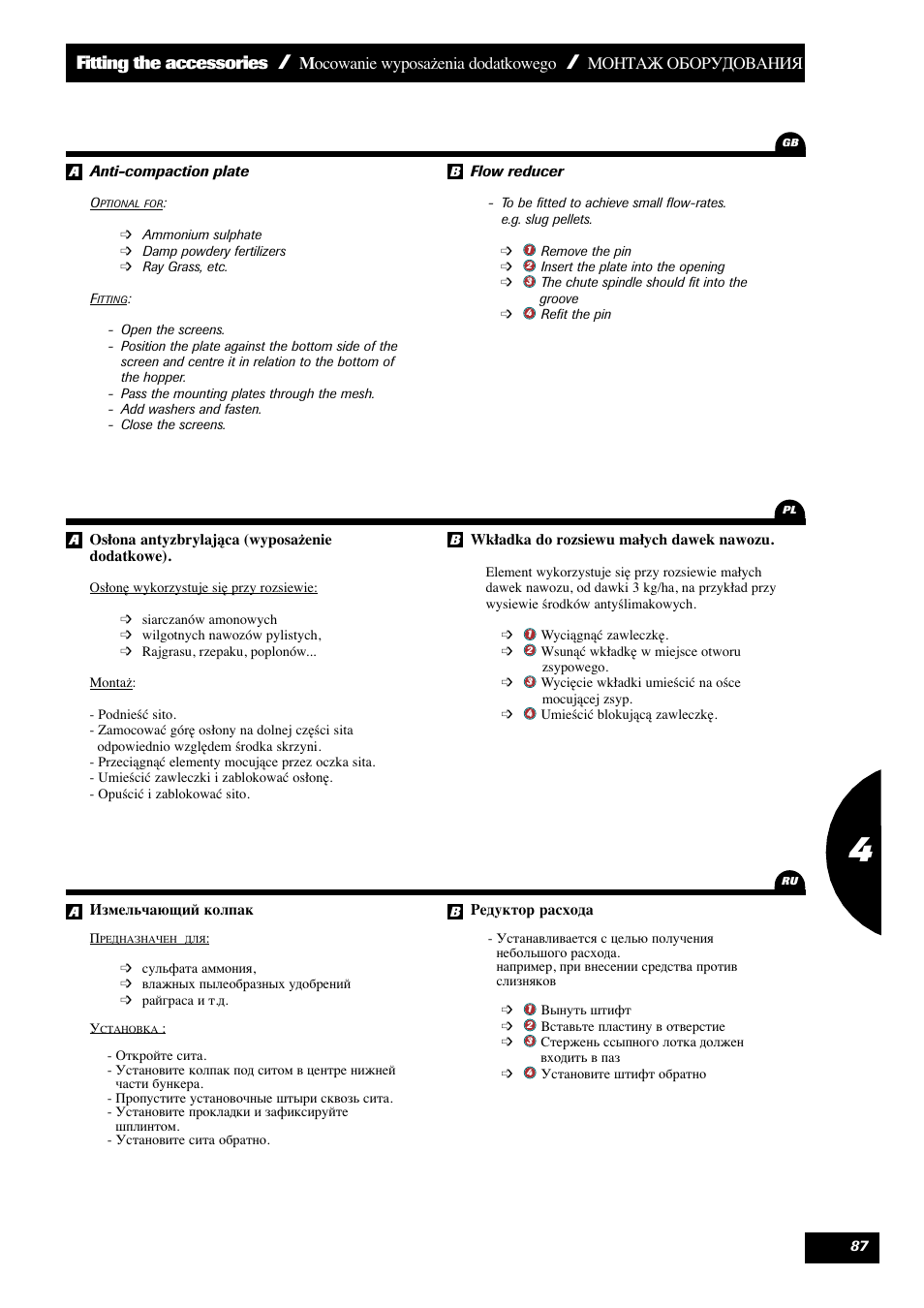 Fitting the accessories, M ocowanie wyposażenia dodatkowego, Монтаж оборудования | Sulky DPX 28 User Manual | Page 89 / 95