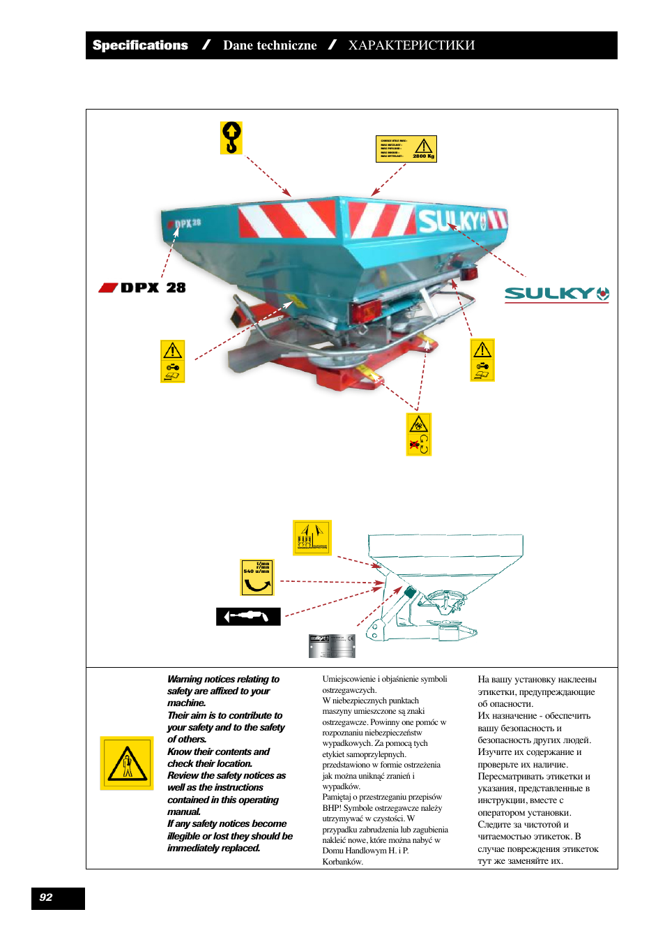 Specifications, Dane techniczne, Характеристики | Sulky DPX 28 User Manual | Page 94 / 95