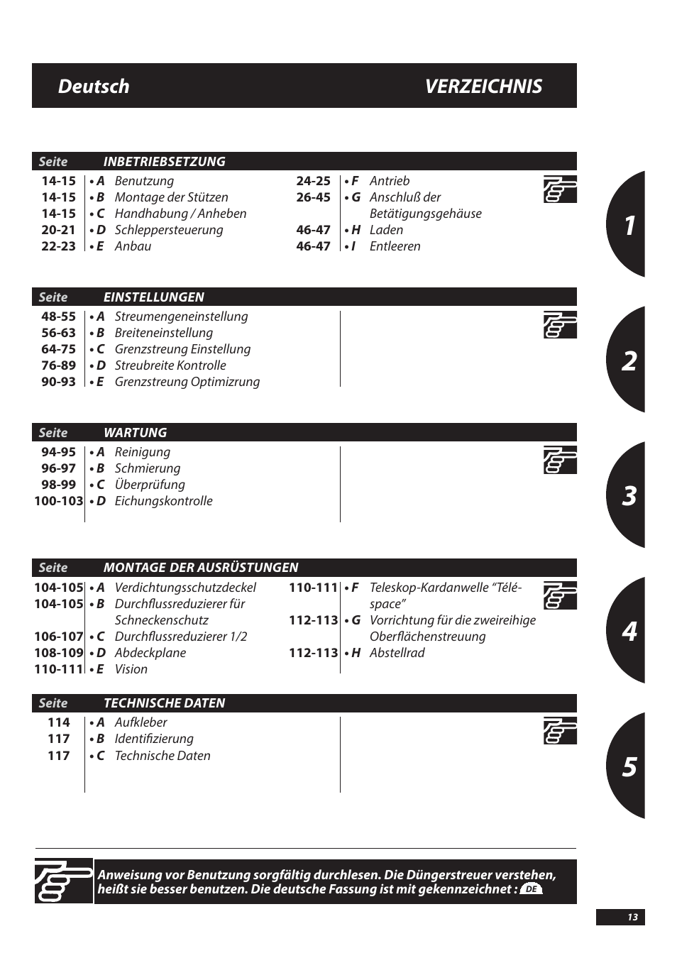 Deutsch verzeichnis | Sulky DX20-30 User Manual | Page 13 / 117