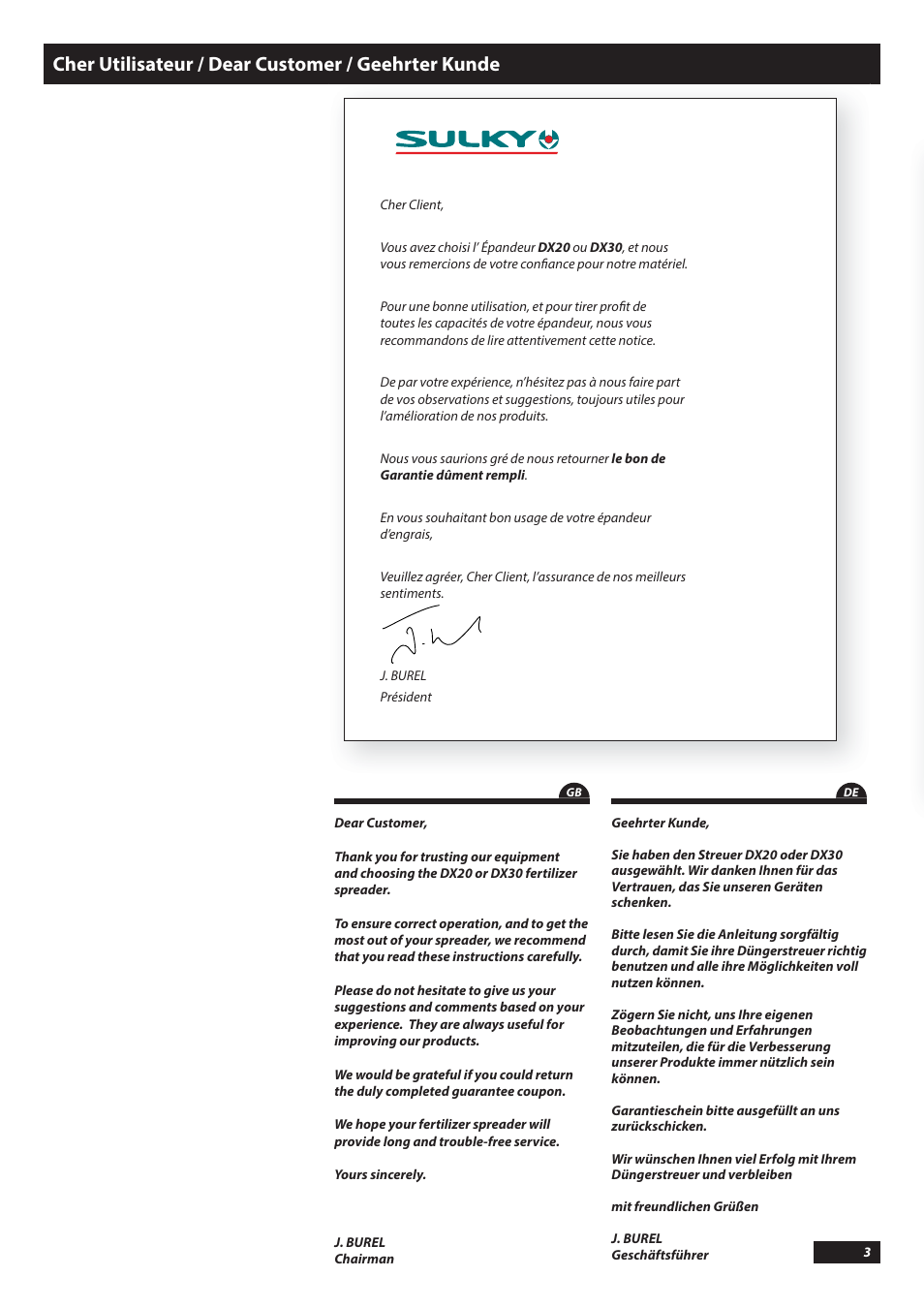 Cher utilisateur / dear customer / geehrter kunde | Sulky DX20-30 User Manual | Page 3 / 117