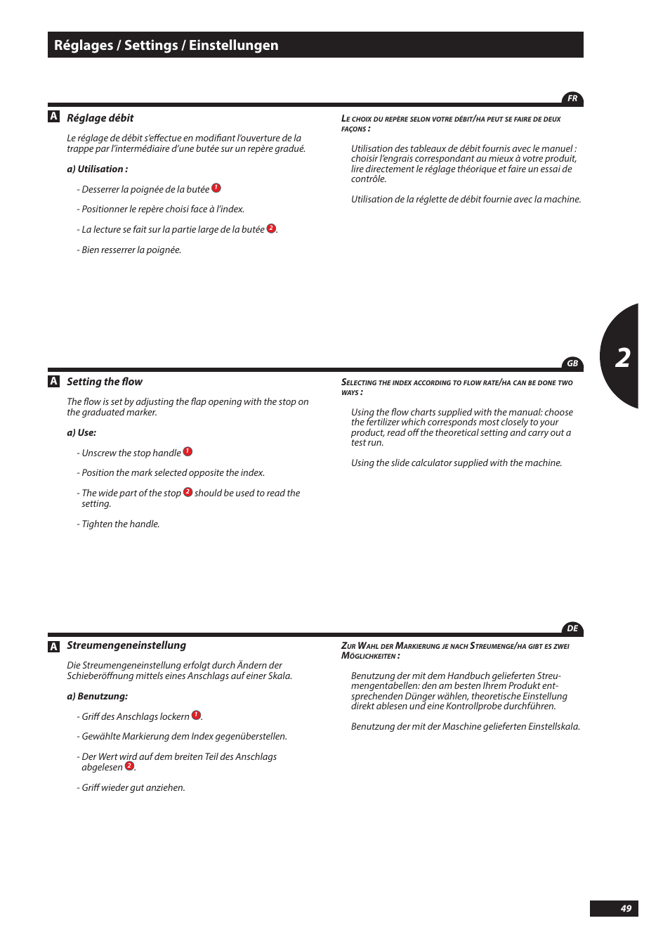 Réglages / settings / einstellungen | Sulky DX20-30 User Manual | Page 49 / 117