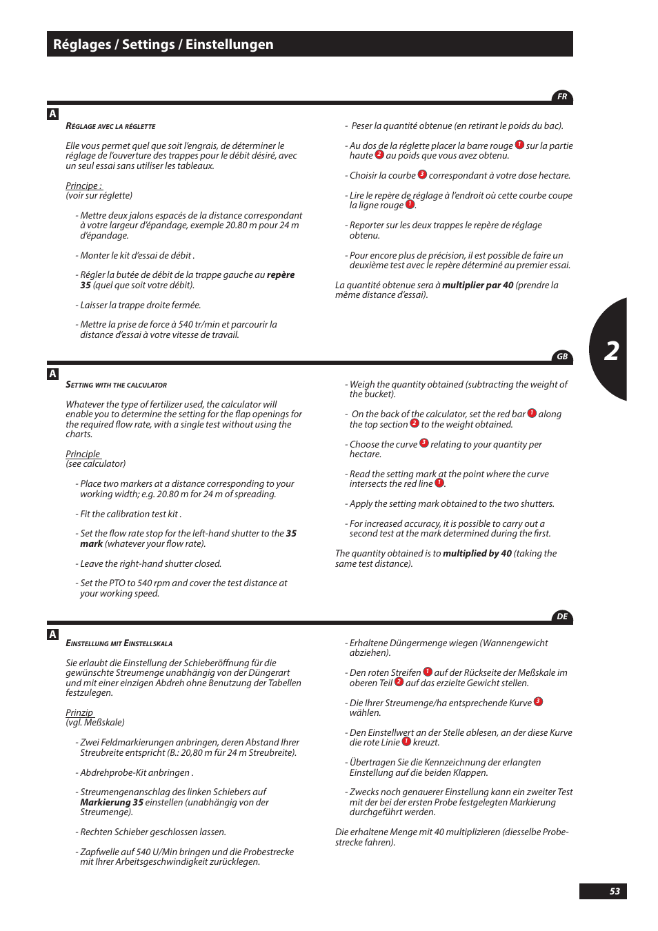 Réglages / settings / einstellungen | Sulky DX20-30 User Manual | Page 53 / 117