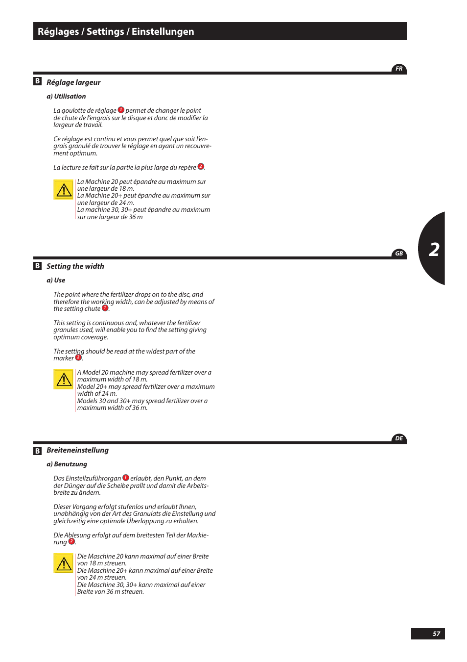 Réglages / settings / einstellungen | Sulky DX20-30 User Manual | Page 57 / 117