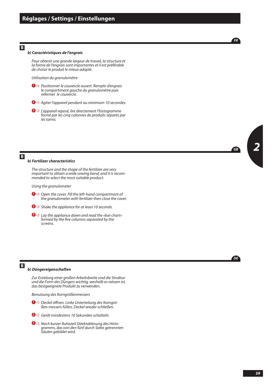 Réglages / settings / einstellungen | Sulky DX20-30 User Manual | Page 59 / 117