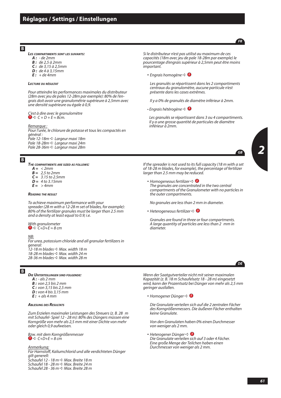 Réglages / settings / einstellungen | Sulky DX20-30 User Manual | Page 61 / 117