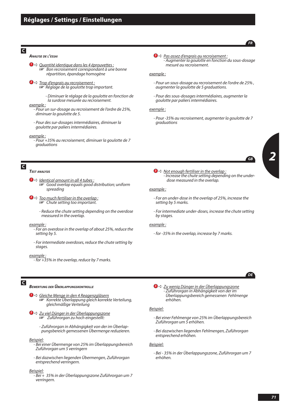 Réglages / settings / einstellungen | Sulky DX20-30 User Manual | Page 71 / 117