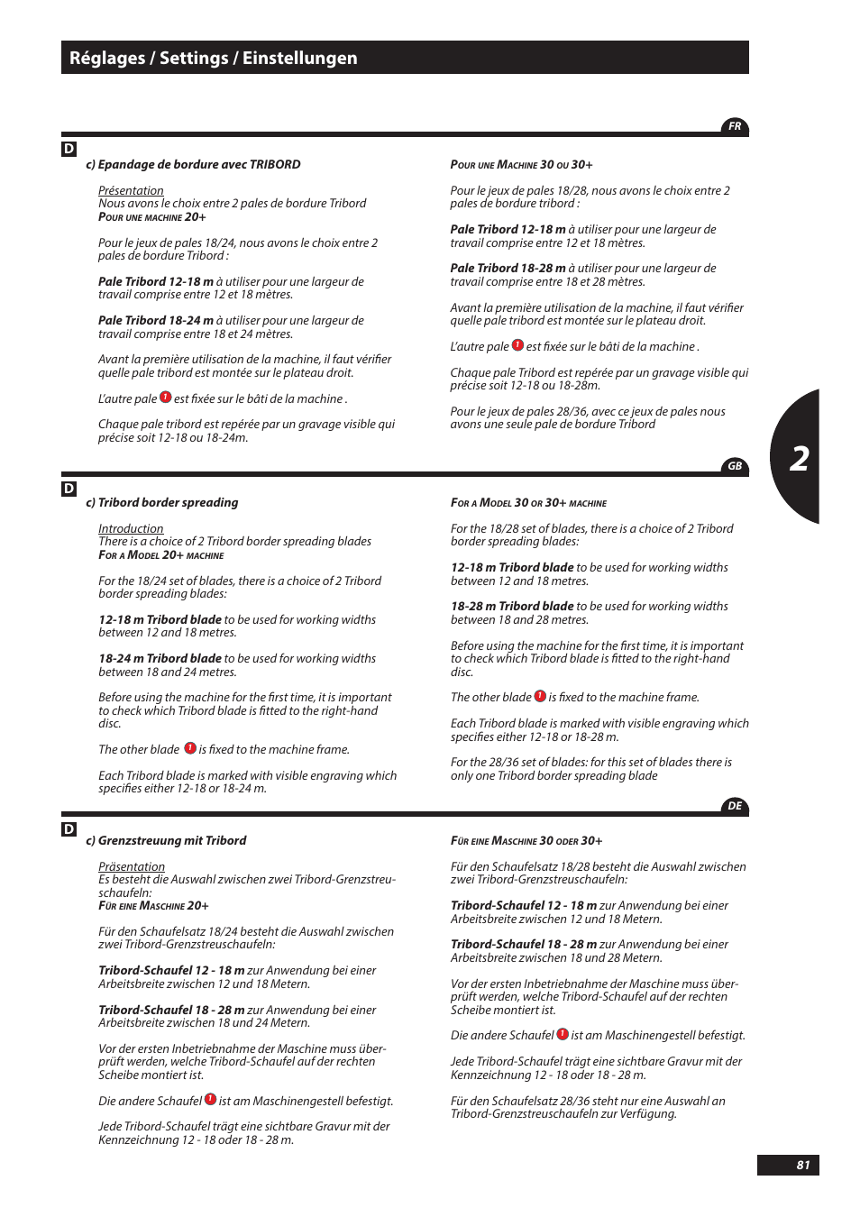 Réglages / settings / einstellungen | Sulky DX20-30 User Manual | Page 81 / 117