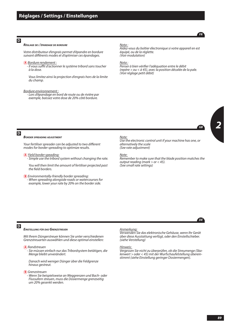 Réglages / settings / einstellungen | Sulky DX20-30 User Manual | Page 89 / 117