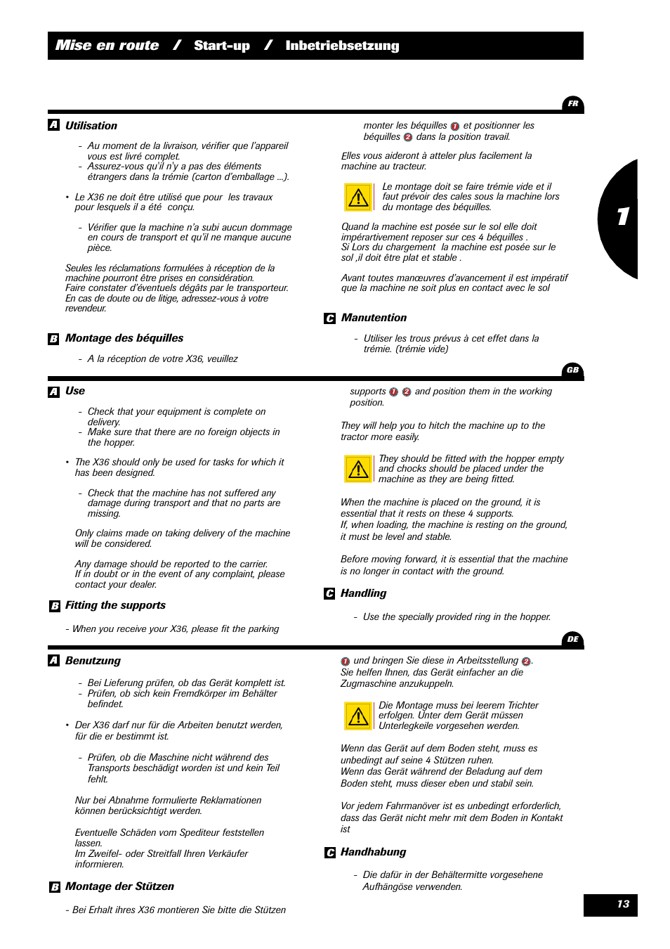 Mise en route, Start-up, Inbetriebsetzung 1 | Sulky X 36 User Manual | Page 15 / 97