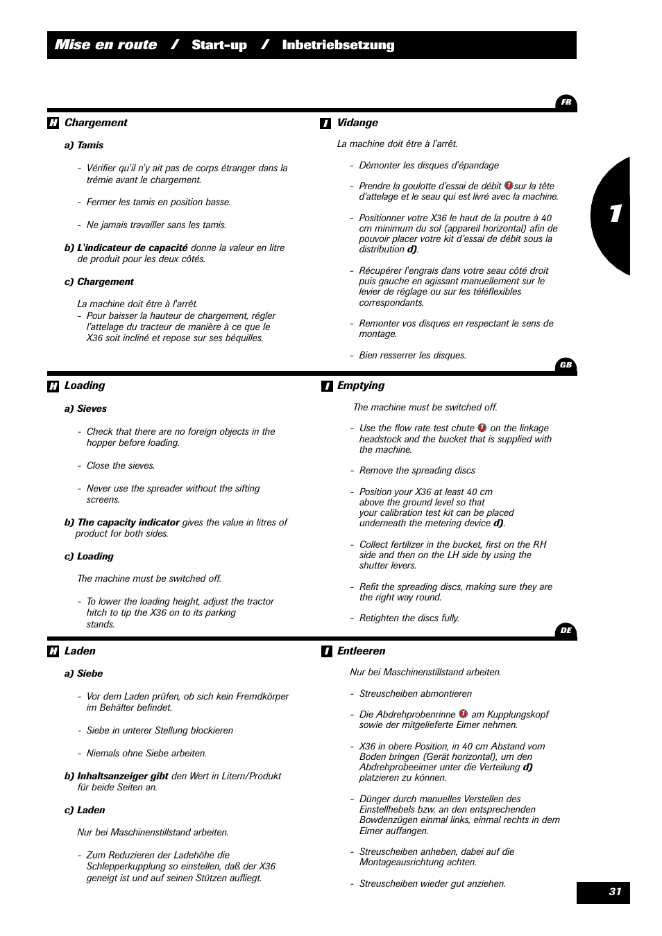 Mise en route, Start-up, Inbetriebsetzung | Sulky X 36 User Manual | Page 33 / 97