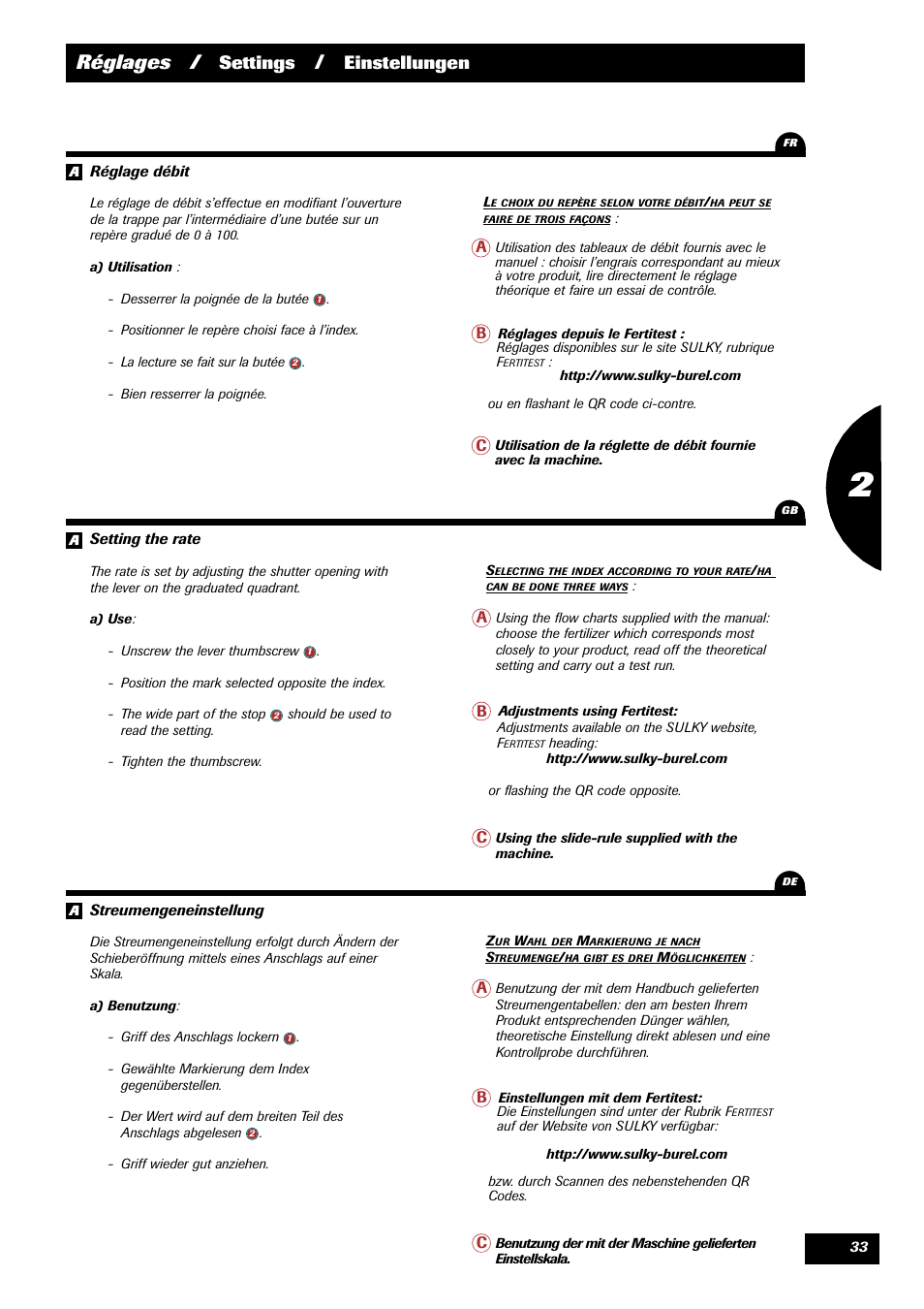 Réglages, Settings, Einstellungen | Sulky X 36 User Manual | Page 35 / 97